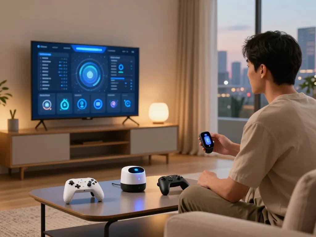 Showcasing unique tech gadgets in a cozy living room setup with a Bluetooth gaming controller and health monitor.