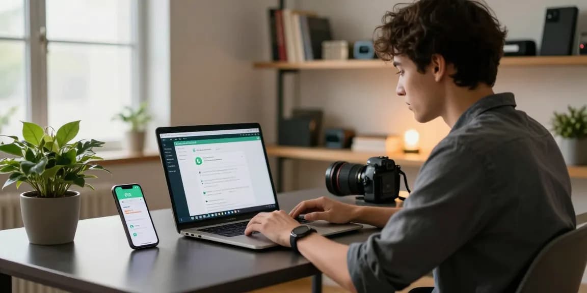Young professional using WhatsApp網頁版 on a laptop in a modern home office.