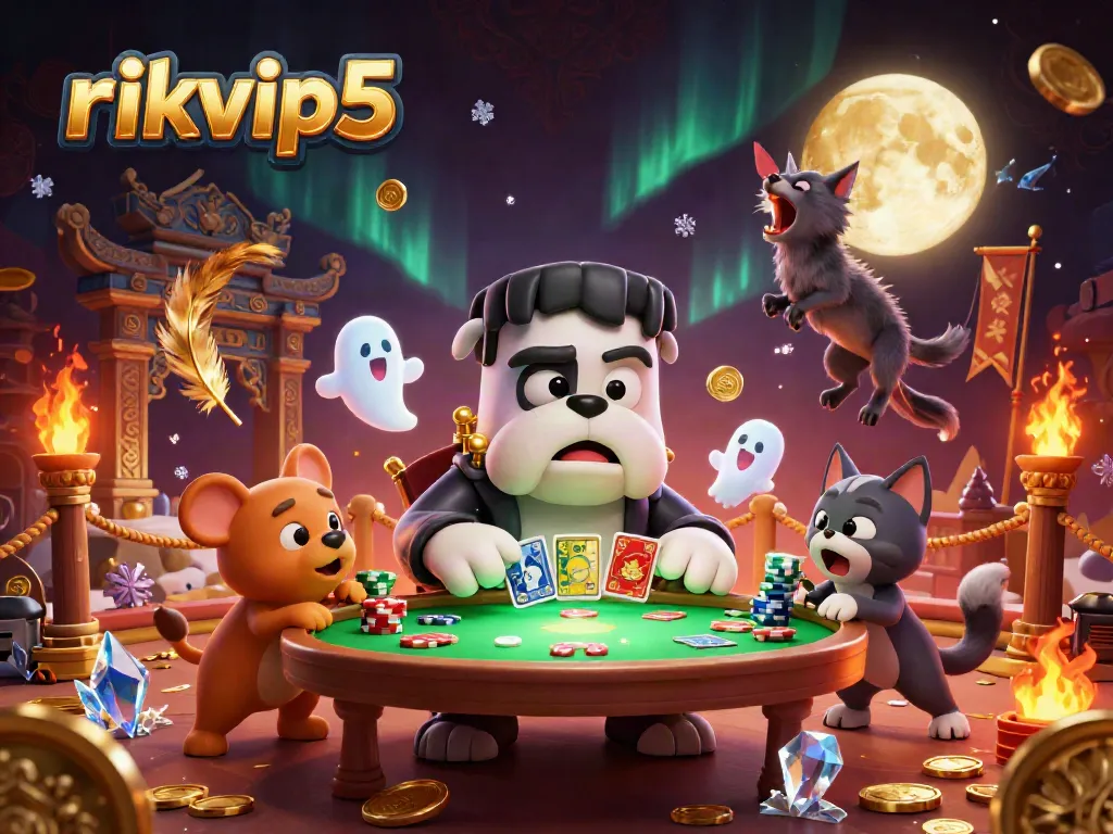 Engage with thrilling casino action at rikvip5 with a dynamic 3D scene showcasing fun characters in a lively gambling setting.