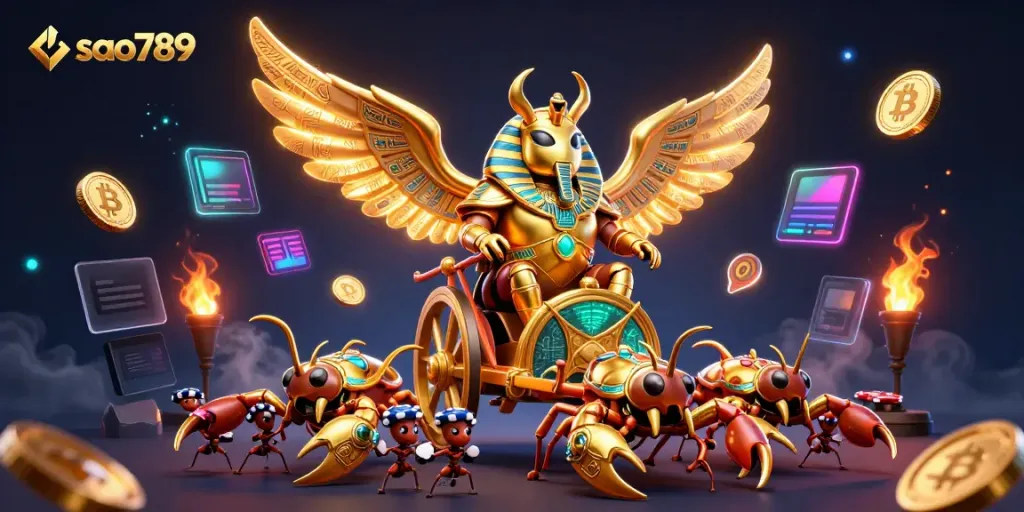 Sao789 engaging gamblers with an epic 3D illustration featuring a colossal beetle, casino elements, and dynamic crypto visuals