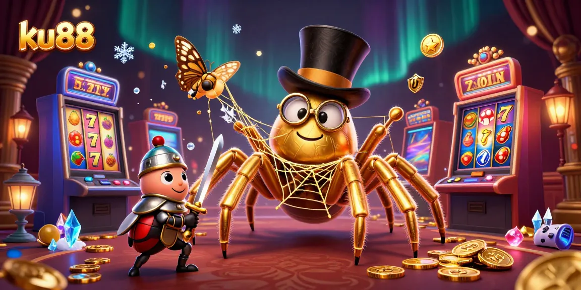 ku88 casino illustration features a golden tarantula and beetle knight in an exciting game scene.
