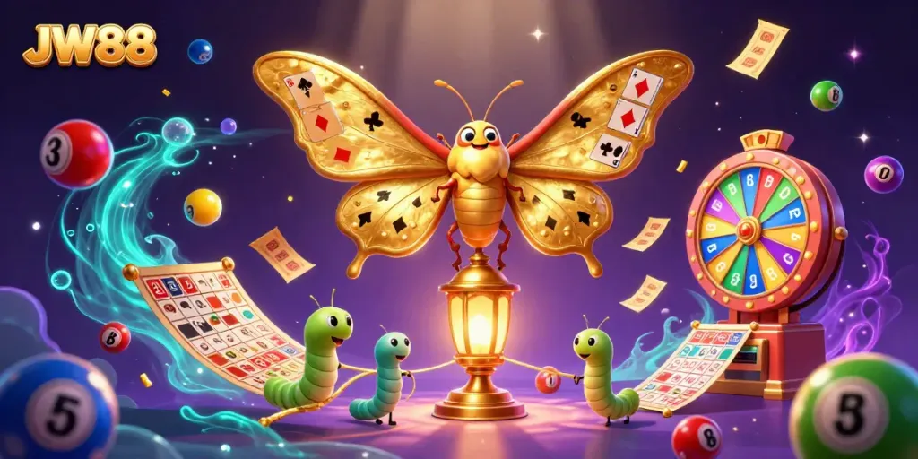 Experience the dynamic world of JW88 with vibrant casino elements and a majestic moth.