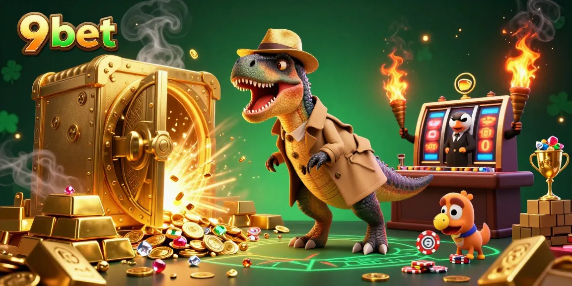 Spin the roulette wheel at 9bet with a lively 3D casino scene featuring playful dinosaurs.