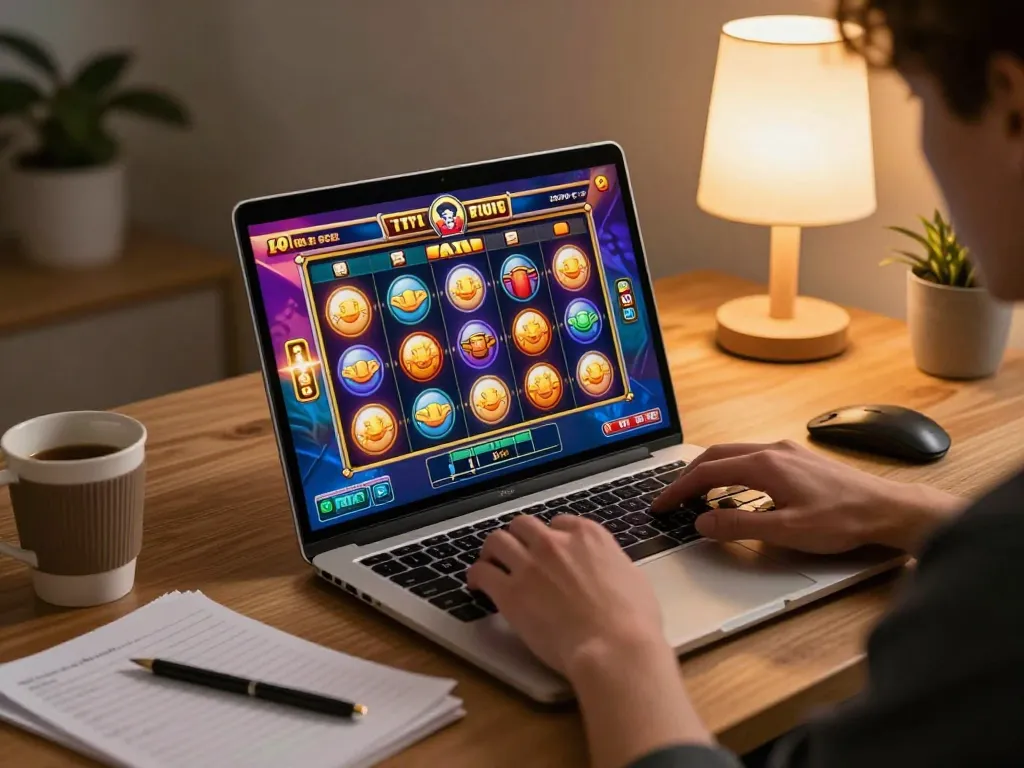 Player enjoying online slots at home with jus77 displayed on screen and cozy atmosphere