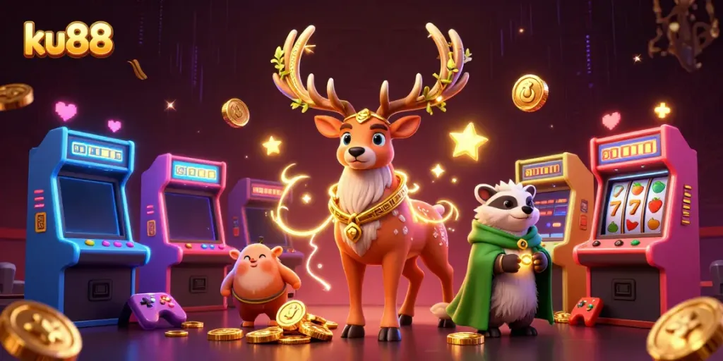 Engage in thrilling gaming action with ku88's vibrant slots featuring lucky 7s and jackpots in a magical scene.