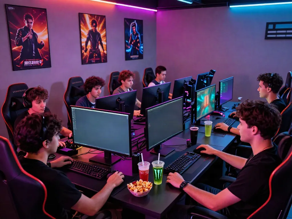 Engaged gamers at Manclub enjoying an exciting online gaming experience at https://manclub1.jp.net/ in a vibrant lounge.
