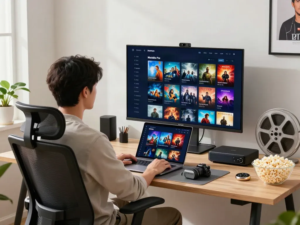 MovieBox Pro for PC interface displayed on a monitor in a modern home office setup.