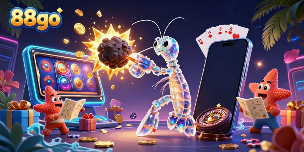 Engage with 88go’s exciting gaming experience showcasing a vibrant scene of a samurai mantis shrimp with golden coins and slot games.