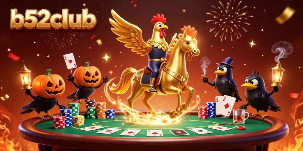 Experience the thrill of b52club gaming with a golden rooster leading the way in a vibrant casino scene.