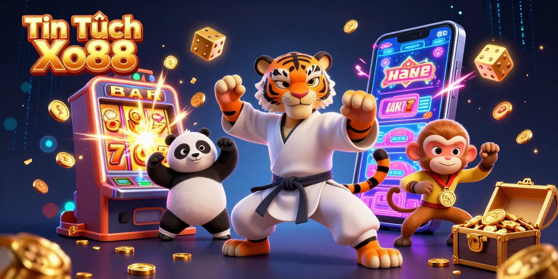 Tin Tức Xo88 showcases a kung fu tiger master, panda, and a monkey in a vibrant casino scene.