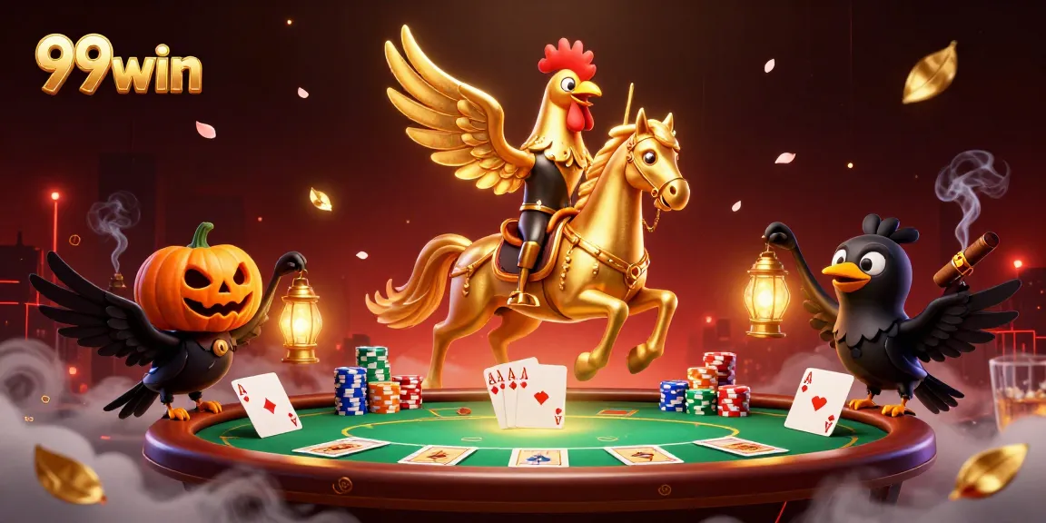 Experience thrilling moments at 99win with a unique golden rooster character and vibrant casino elements.