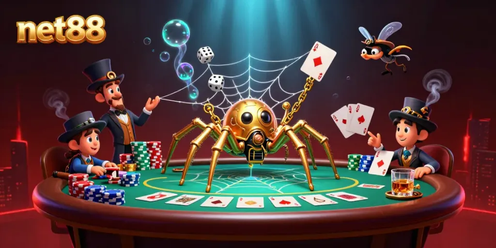 Uncover winning strategies at net88 with a golden spider theme, poker elements abound.