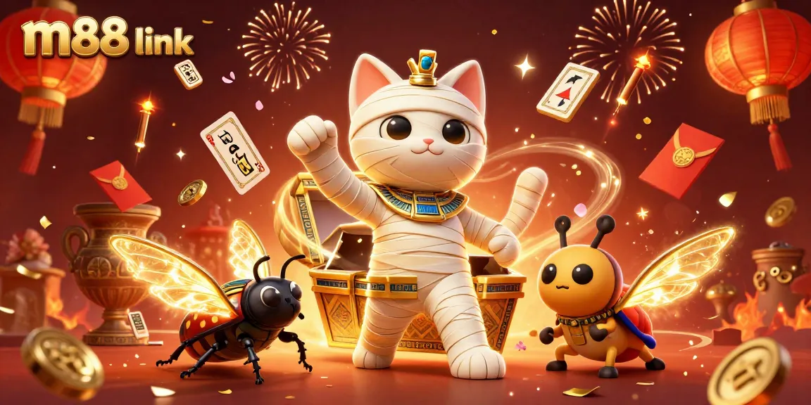 Engage with the vibrant m88 link scene featuring an Egyptian mummy cat in a pyramid casino.