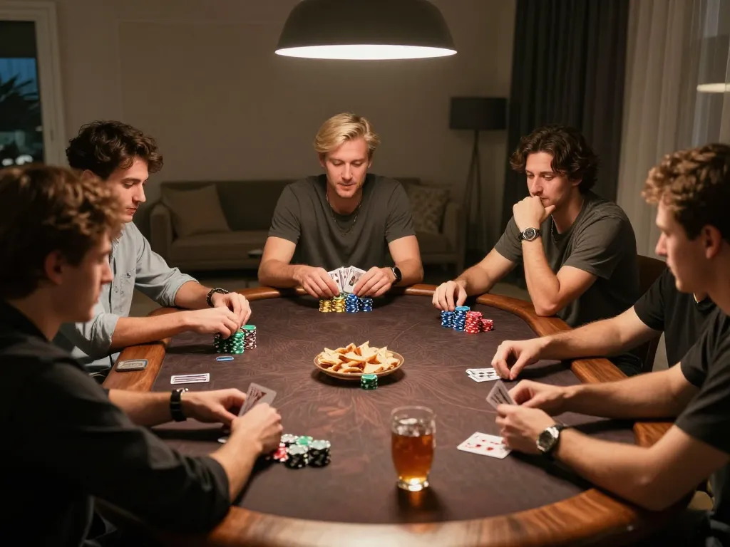 Players at a poker table enjoying a strategic rr88 game night, surrounded by snacks and drinks, creating a friendly atmosphere.
