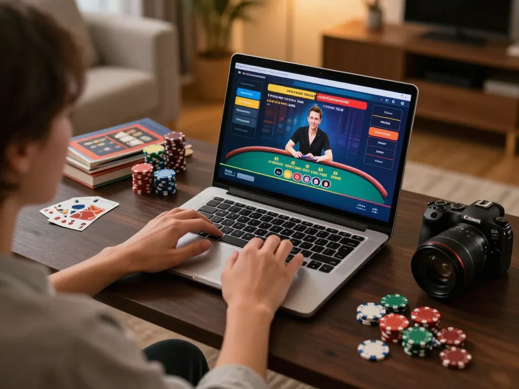 Engaging in an online casino game with MM88 TODAY in a cozy home setup, emphasizing strategic gameplay and responsible gambling.