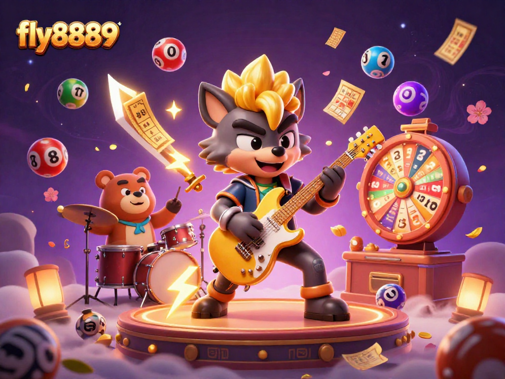 Experience the excitement of fly8889 with a dynamic 3D casino scene featuring colorful lottery elements.