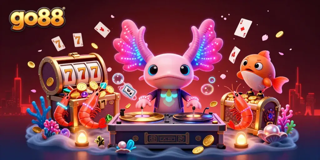 Go88 interactive casino scene featuring a vibrant axolotl DJ and dynamic elements for gaming excitement.