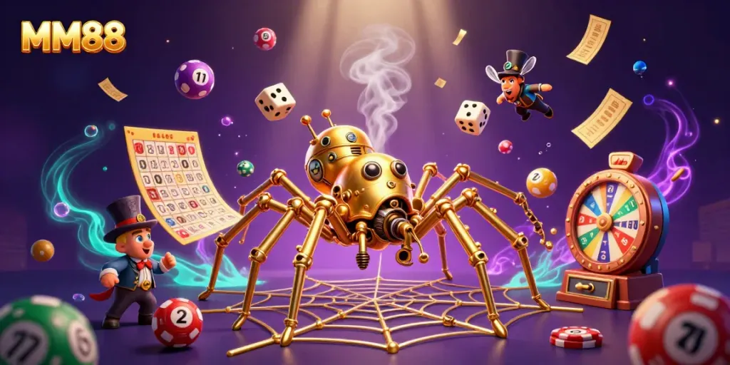 Engage with MM88's golden spider and Victorian-era fly in a vibrant gambling scene.