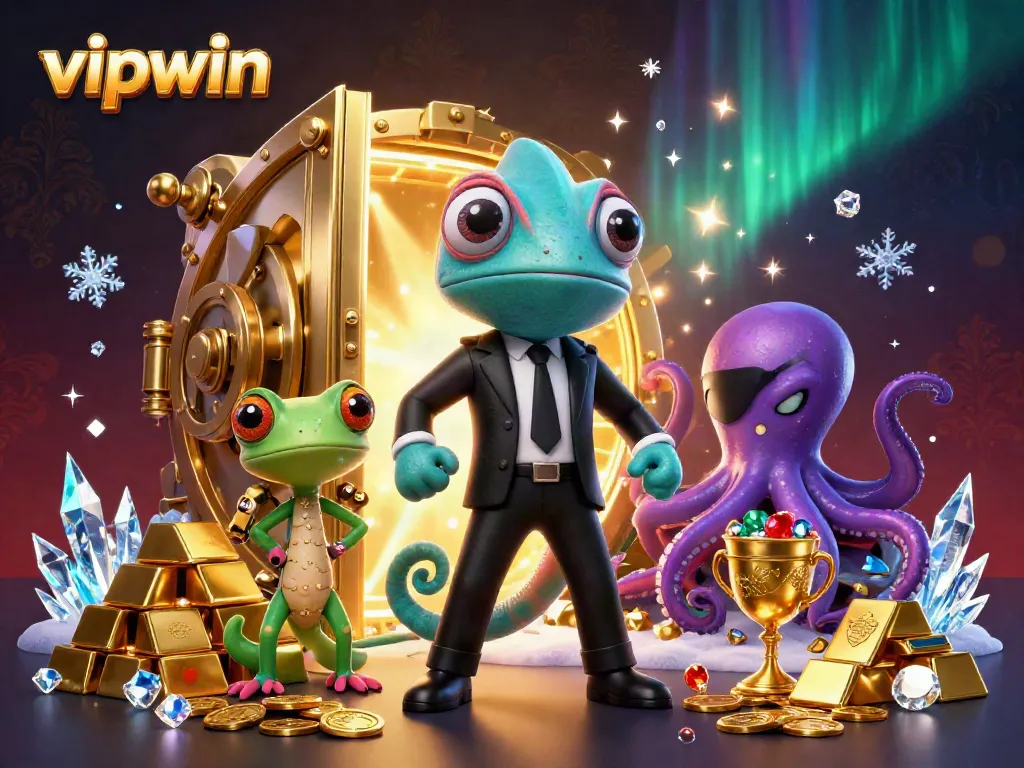 Experience VIPWIN's vibrant gaming scene with colorful characters and dazzling treasures.