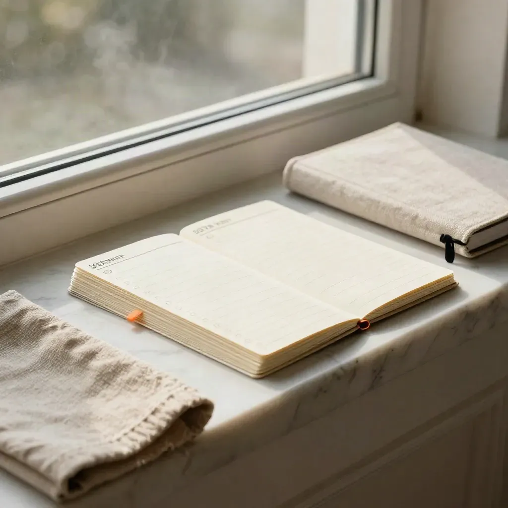 Plánovací karty, zavřený notebook a látka na světlém mramoru u ranního okna.