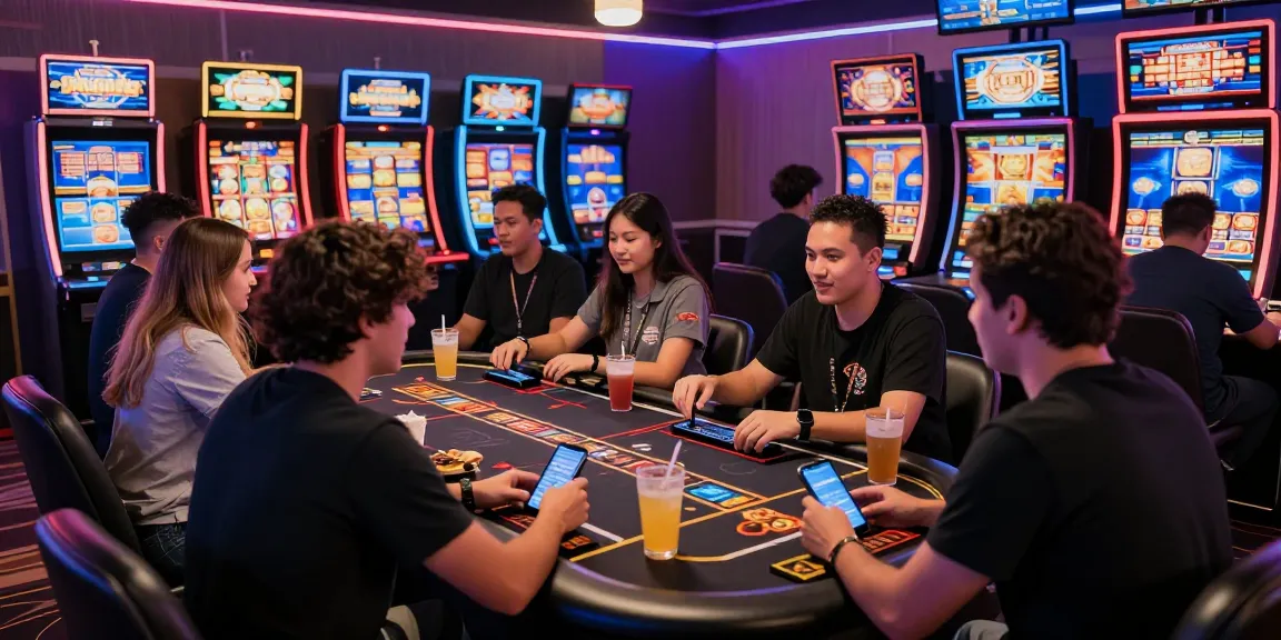 Friends enjoying the slot gacor games on vibrant digital casino screens, surrounded by colorful slot machines and lively atmosphere.