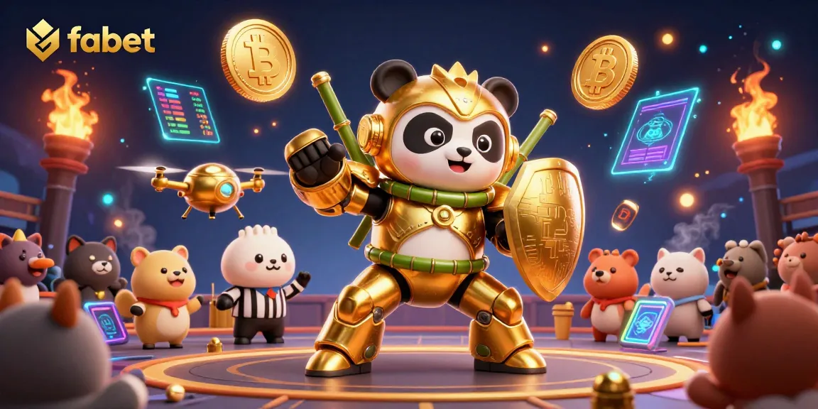 Engage with fabet in an exciting crypto gambling scene featuring golden panda and robot.