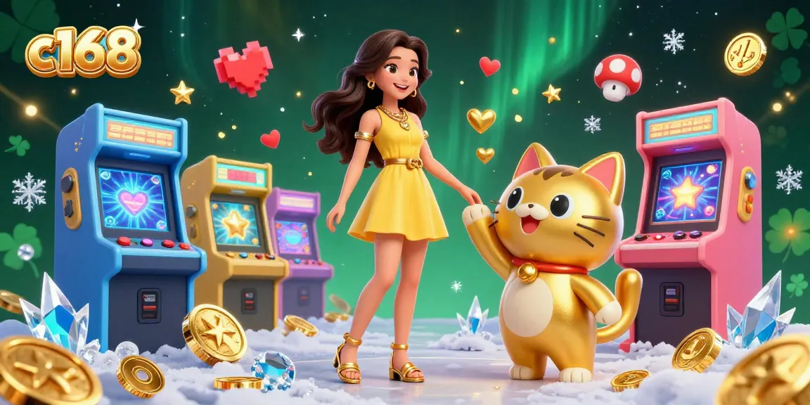 C168 Casino provides a vibrant 3D scene featuring a cheerful woman, lucky cat, and dynamic gaming elements.