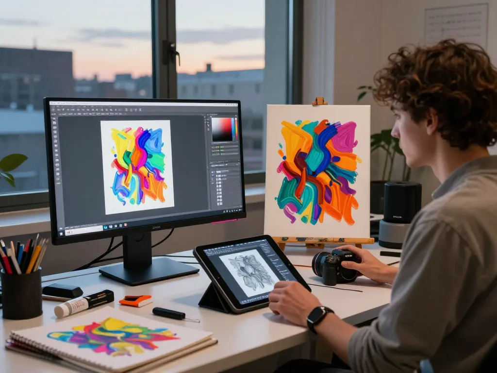 Creating AI porn art in a modern digital studio with vibrant colors.