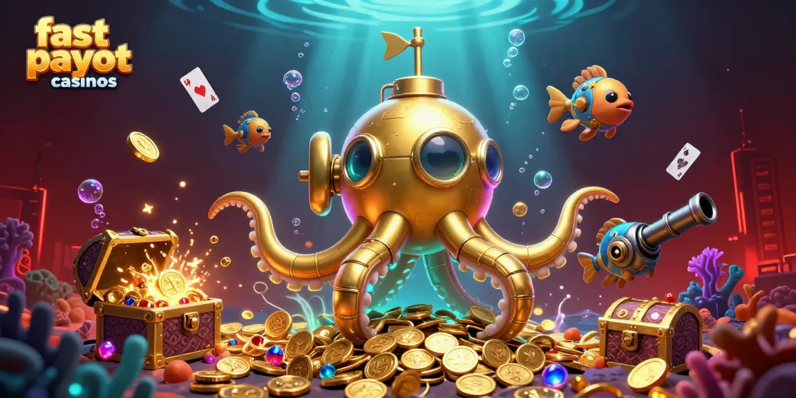Experience thrilling action at fast payout casinos, featuring a golden kraken submarine amidst explosive treasures and vibrant game elements.