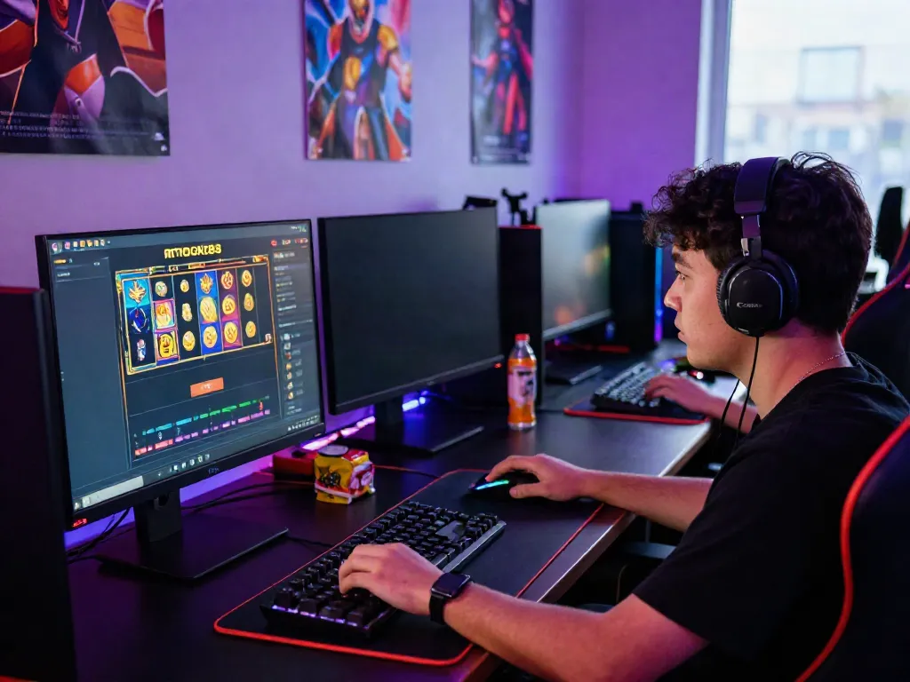 Engaged gamer playing rokok88 slot on a vibrant gaming setup, complete with dynamic visuals and gaming peripherals.