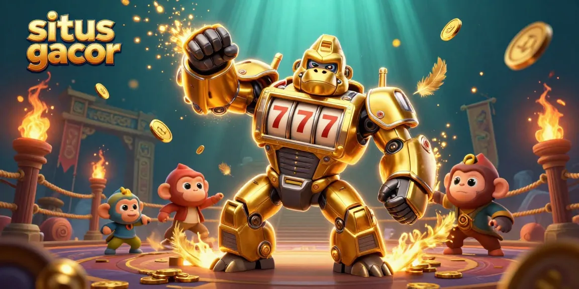Experience situs gacor excitement with a golden gorilla mech slot machine in a dynamic casino scene.