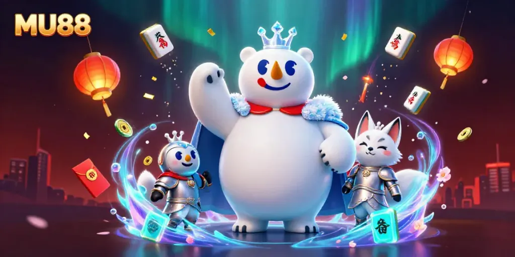 Experience the thrilling world of MU88 online gaming with vibrant characters and rich casino elements.