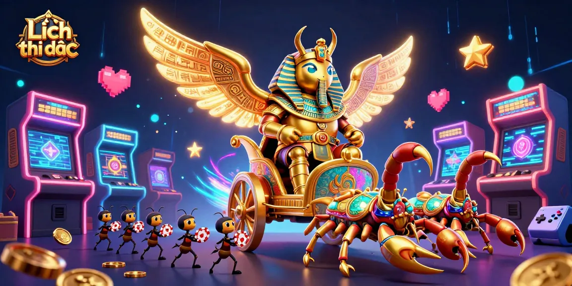 Lịch thi đấu with a colossal golden scarab beetle chariot racing through an electrifying 3D gaming scene.