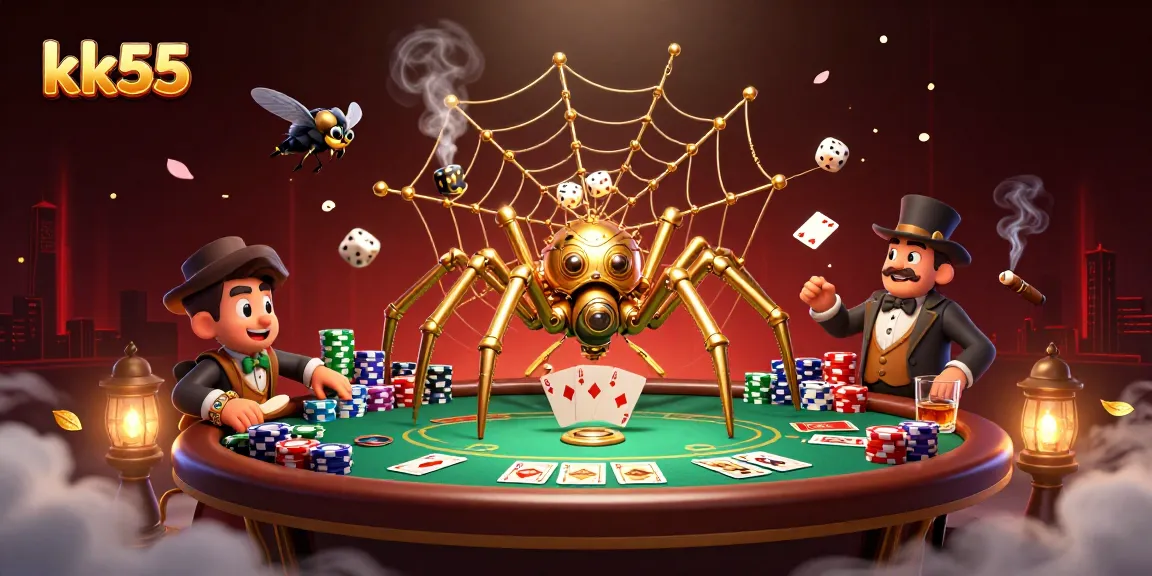 Experience the excitement of kk55 with a dynamic scene of a steampunk spider and a fly gentleman in a vibrant casino.
