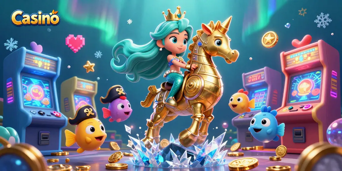 Engage in thrilling Casino adventures with a vibrant mermaid princess and seahorse at an underwater gaming arcade.
