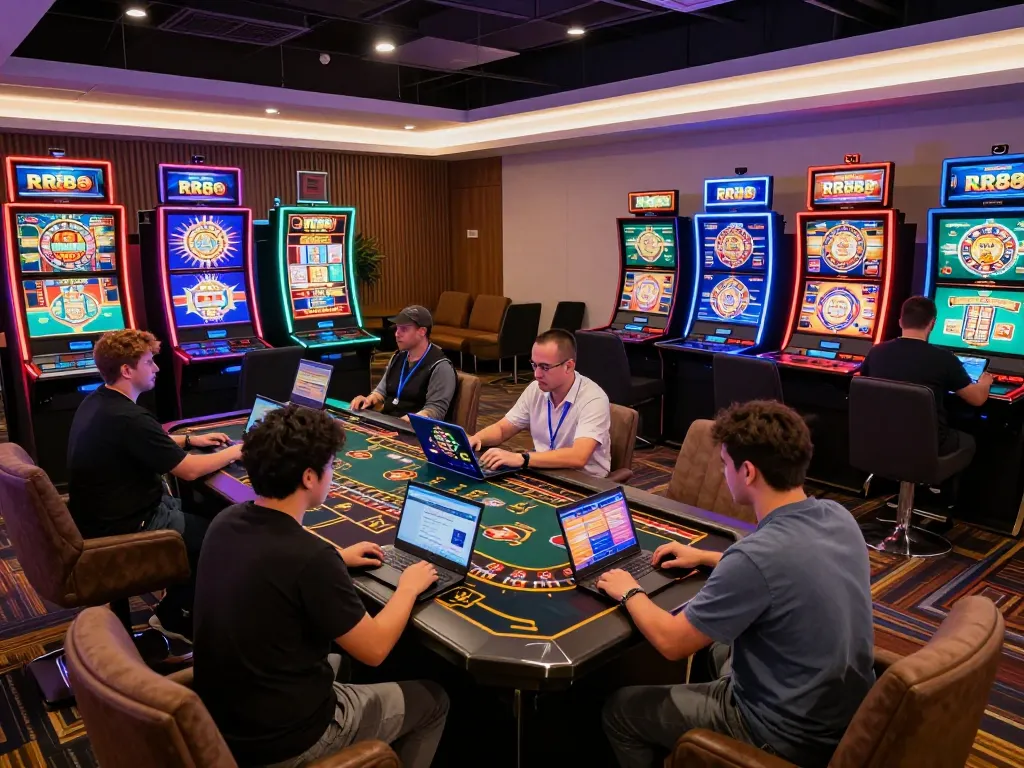 RR88 online players enjoying thrilling slot games in a vibrant gaming room atmosphere.