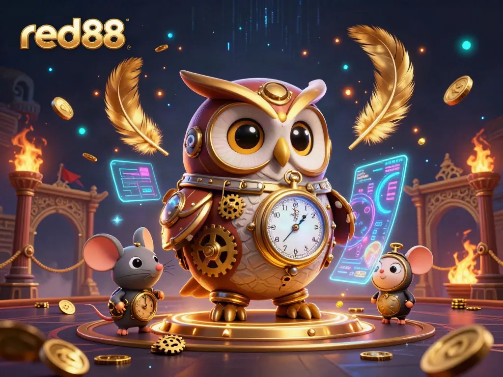 Experience winning moments at red88 with a time-traveling owl in a spectacular 3D casino illustration.