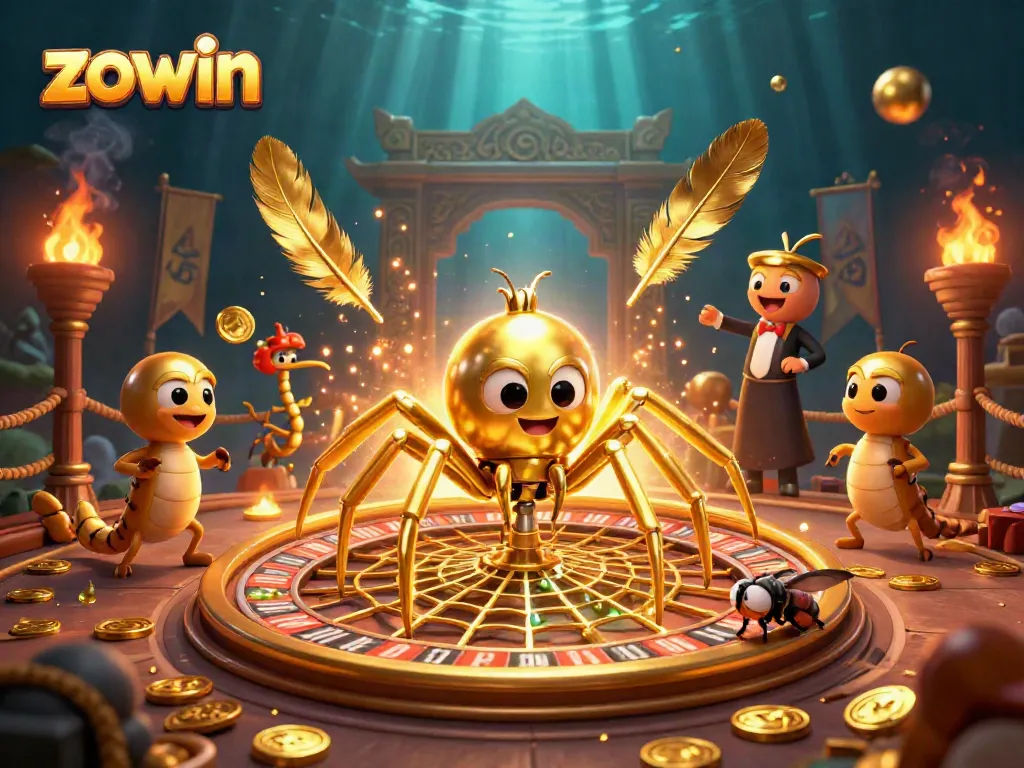 Zowin casino illustration featuring a golden spider spinning a roulette web with a nervous fly betting.