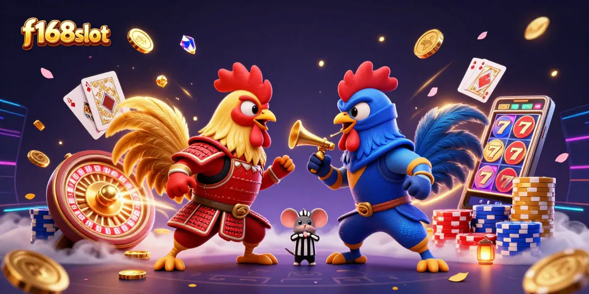 Engage with f168slot's thrilling 3D casino battle between cartoon fighting roosters, amidst gold coins and vibrant gaming elements.