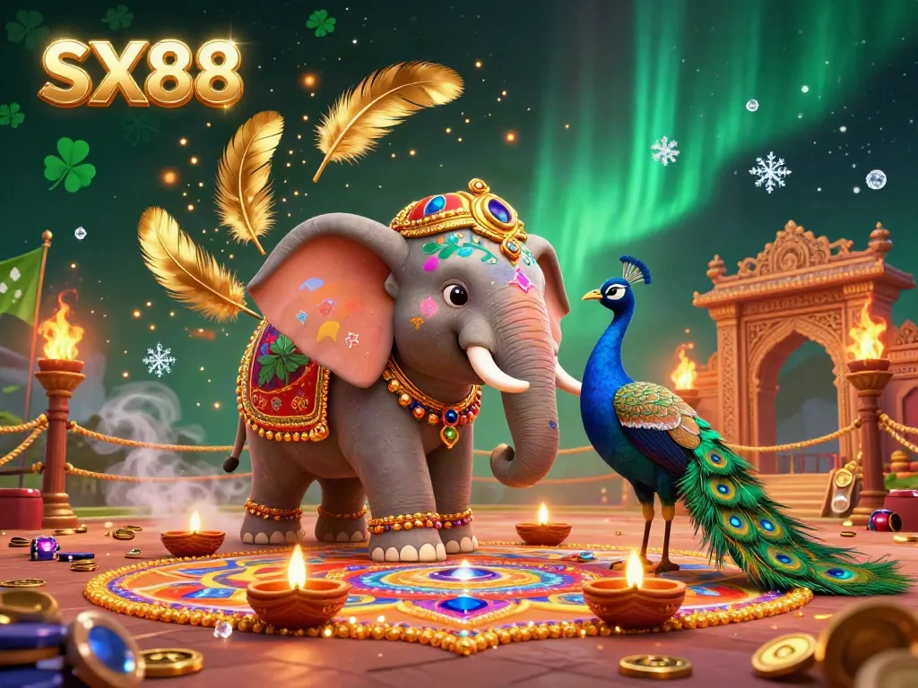 SX88 promotes colorful Diwali-themed casino games with 3D elephant and peacock decorations.