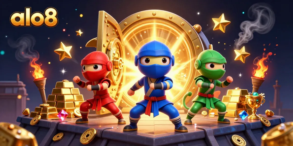 Alo8 chameleon ninjas engage in dynamic martial arts with treasure, enhancing the excitement of online gambling.