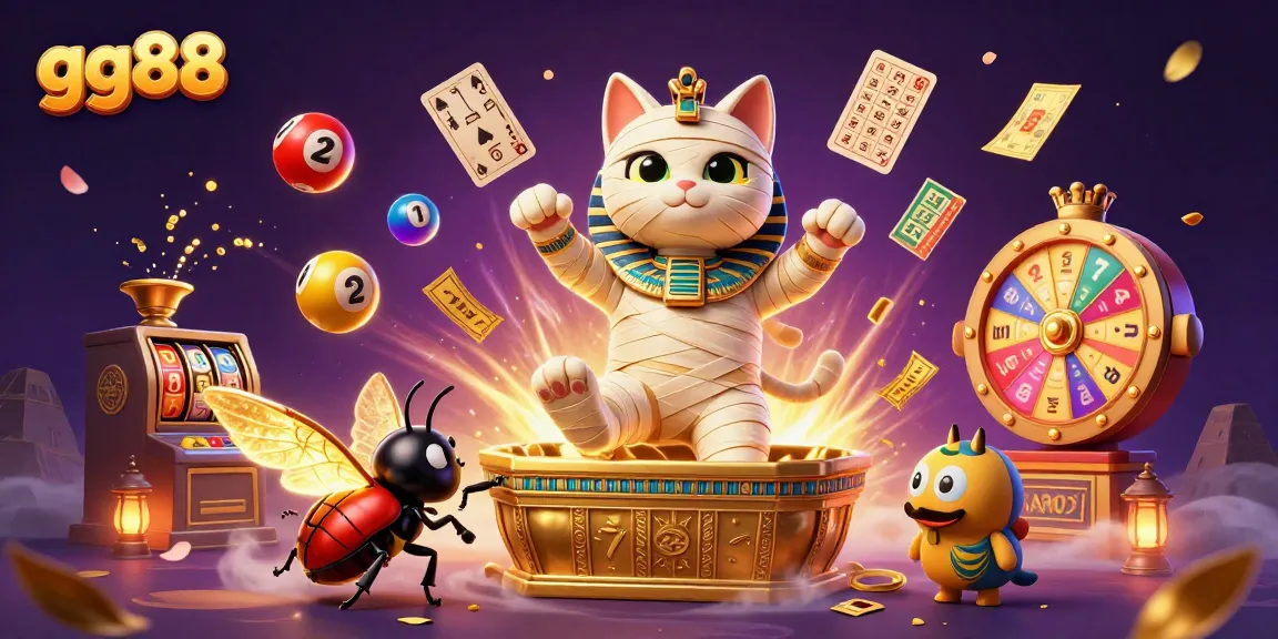 Engage with gg88's dynamic casino universe showcasing a cartoon mummy cat and treasures.