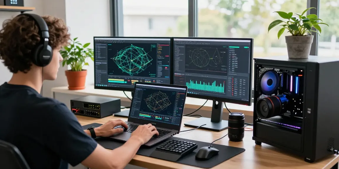 快连 network optimization in a modern tech workspace with dual monitors and vibrant plants
