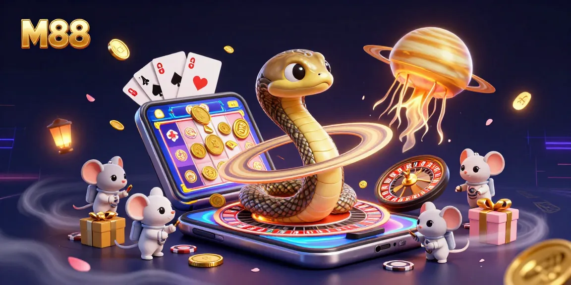 M88 offers thrilling betting excitement as tiny astronauts bet on a roulette ring, surrounded by vibrant casino elements.