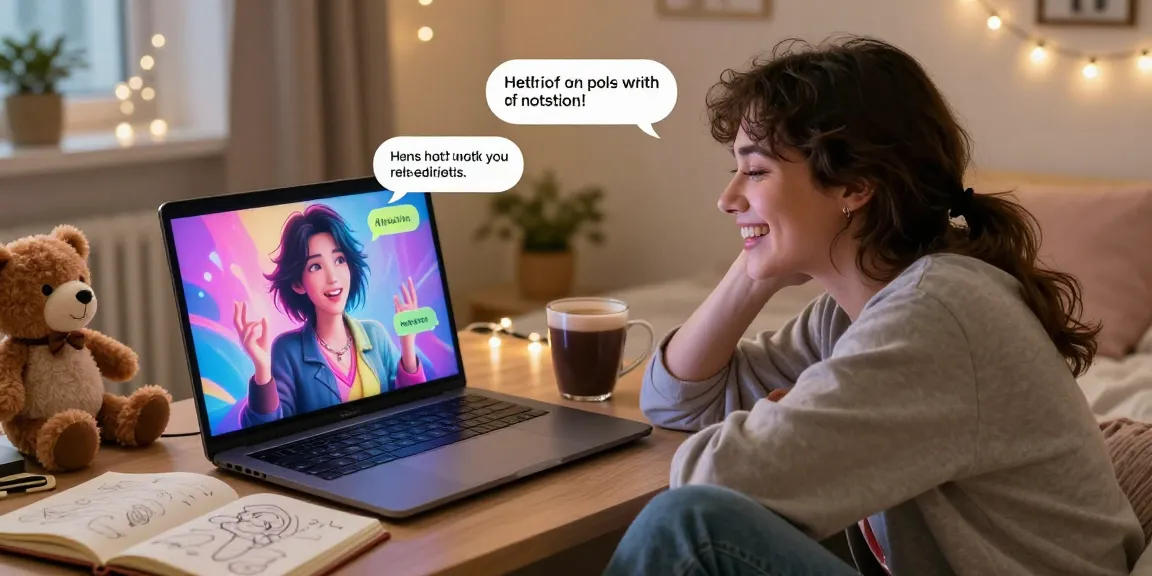 Engaging in NSFW AI interaction with a virtual girlfriend on a laptop, showcasing playful chat dialogue and colorful visuals in a cozy bedroom setting.