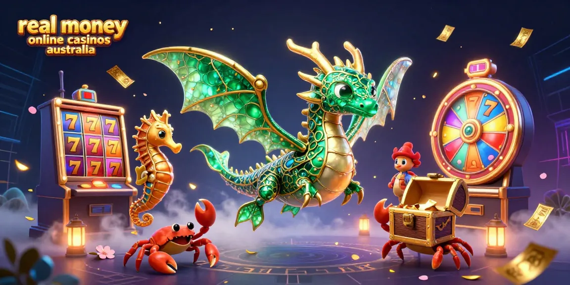 Experience excitement at real money online casinos Australia with vibrant scenes of a leafy sea dragon and casino elements.