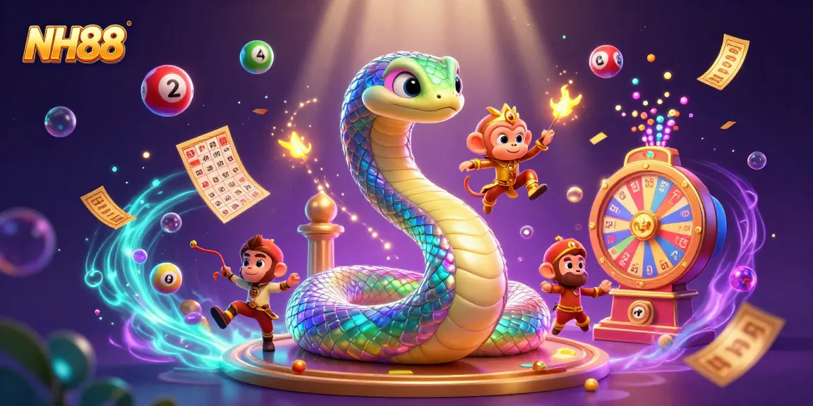 Experience vibrant gaming with NH88's colorful lottery scene, featuring dynamic elements and fantasy characters.