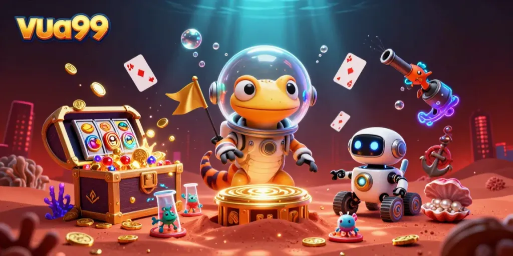 Experience the thrills of gaming at VUA99 with a whimsical Martian gecko discovering a golden alien casino.