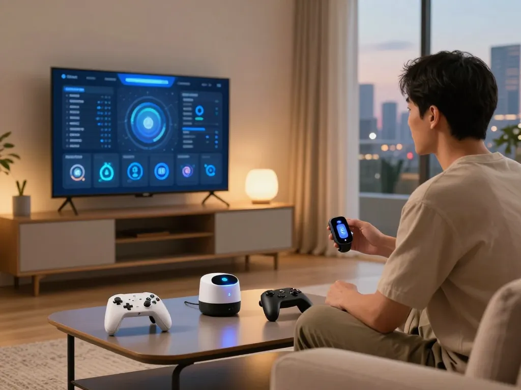 Showcasing unique tech gadgets in a cozy living room setup with a Bluetooth gaming controller and health monitor.