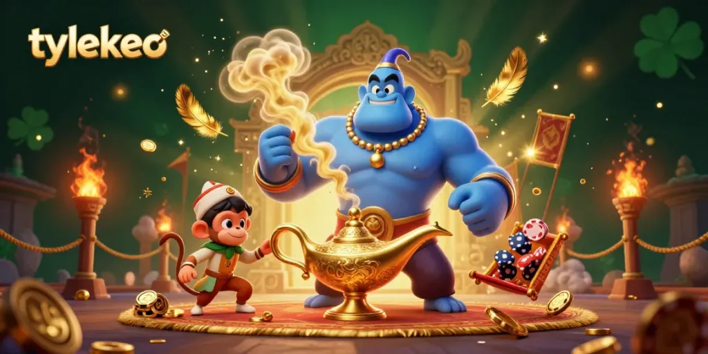 Experience tylekeo's thrilling gaming adventure with a genie, monkey, and poker-themed carpet in a rich, dynamic scene.